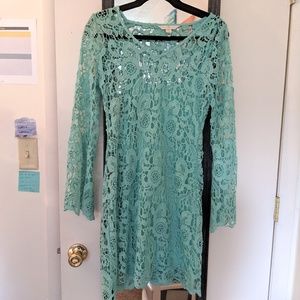 Teal Crochet 60's-70's Style Flare Sleeve Dress